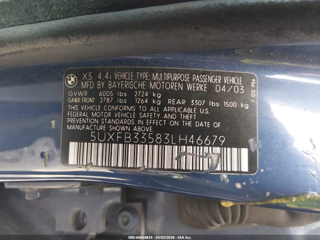 Продаж на аукціоні авто 2003 Bmw X5 4.4i, vin: 5UXFB33583LH46679, номер лоту: 44504624