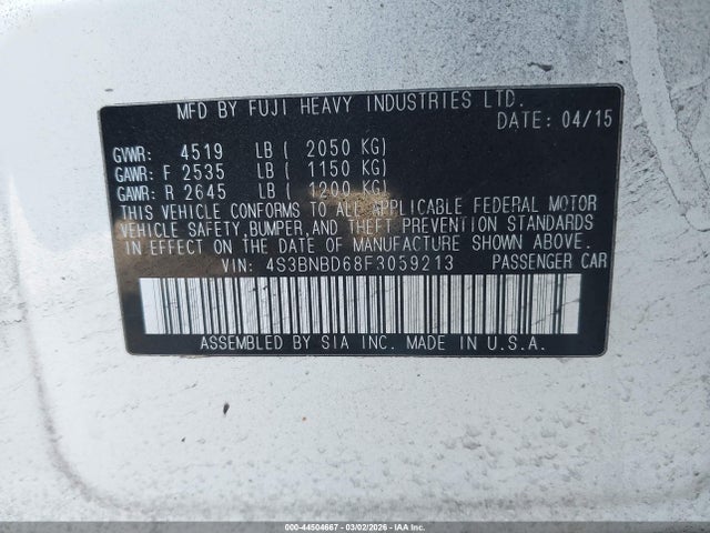 Auction sale of the 2015 Subaru Legacy 2.5i Premium, vin: 4S3BNBD68F3059213, lot number: 44504667