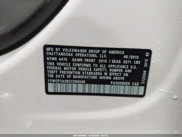 Продаж на аукціоні авто 2012 Volkswagen Passat 2.5l Sel Premium, vin: 1VWCP7A38CC095045, номер лоту: 44504683