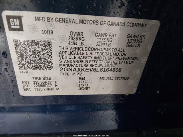 2GNAXKEV6L6164808 Chevrolet Equinox Fwd Lt 1.5l Turbo