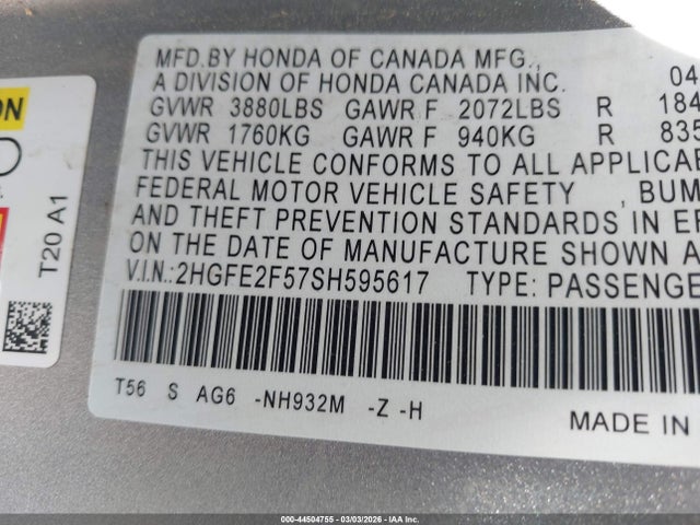 Aukcja sprzedaży 2025 Honda Civic Sport, vin: 2HGFE2F57SH595617, numer aukcji: 44504755