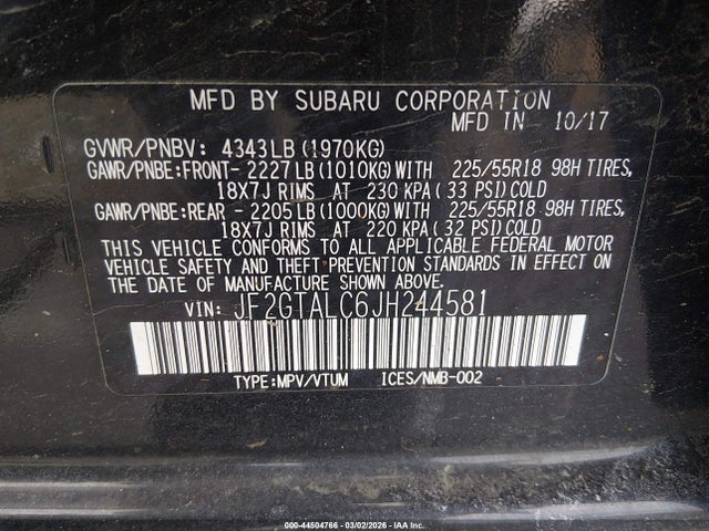 Aukcja sprzedaży 2018 Subaru Crosstrek 2.0i Limited, vin: JF2GTALC6JH244581, numer aukcji: 44504766