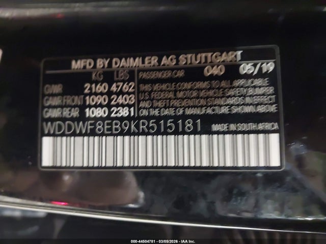 Aukcja sprzedaży 2019 Mercedes-benz C 300 4matic, vin: WDDWF8EB9KR515181, numer aukcji: 44504781