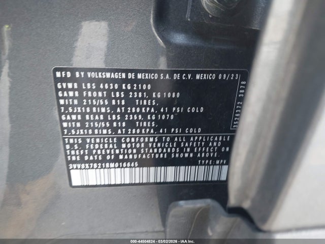 44504824 :رقم المزاد ، 3VV8X7B21RM016645 vin ، 2024 Volkswagen Taos 1.5t S مزاد بيع