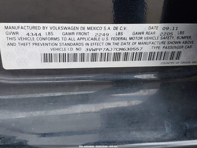 44504850 :رقم المزاد ، 3VWPP7AJ7CM630557 vin ، 2012 Volkswagen Jetta Sportwagen 2.5l S مزاد بيع