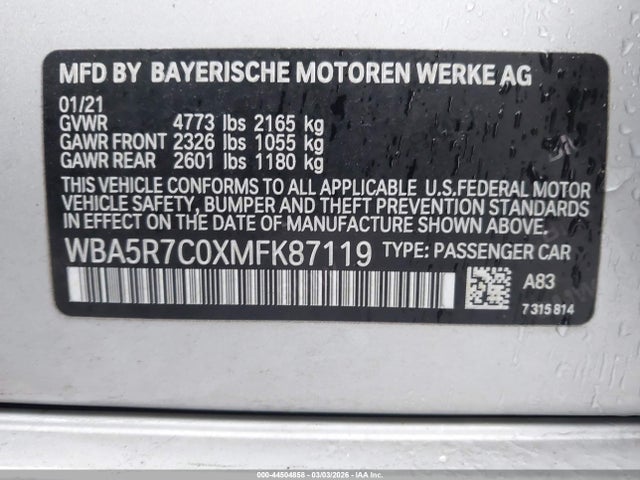 Aukcja sprzedaży 2021 Bmw 330i Xdrive, vin: WBA5R7C0XMFK87119, numer aukcji: 44504858