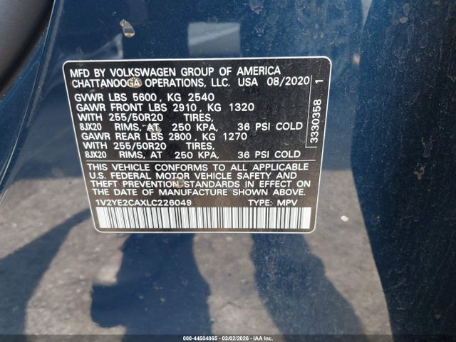 1V2YE2CAXLC226049 Volkswagen Atlas Cross Sport 3.6l V6 Se W/technology/3.6l V6 Se W/technology R-line