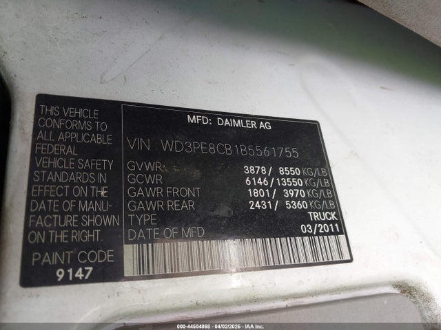 Aukcja sprzedaży 2011 Mercedes-benz Sprinter 2500 High Roof, vin: WD3PE8CB1B5561755, numer aukcji: 44504868