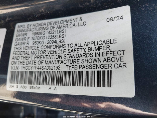 Aukcja sprzedaży 2025 Honda Accord Se, vin: 1HGCY1F44SA002192, numer aukcji: 44504887