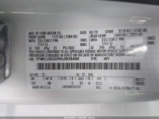 2019 FORD ESCAPE 1FMCU9GD5KUB38400 Photo 8