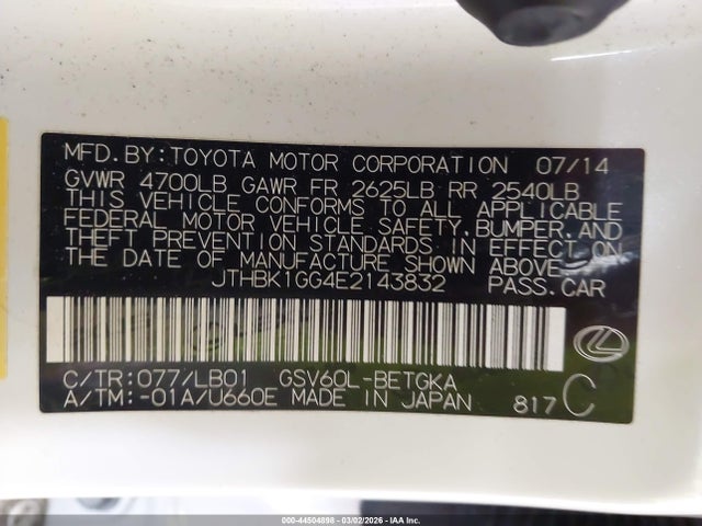 2014 Lexus Es 350 მანქანა იყიდება აუქციონზე, vin: JTHBK1GG4E2143832, აუქციონის ნომერი: 44504898