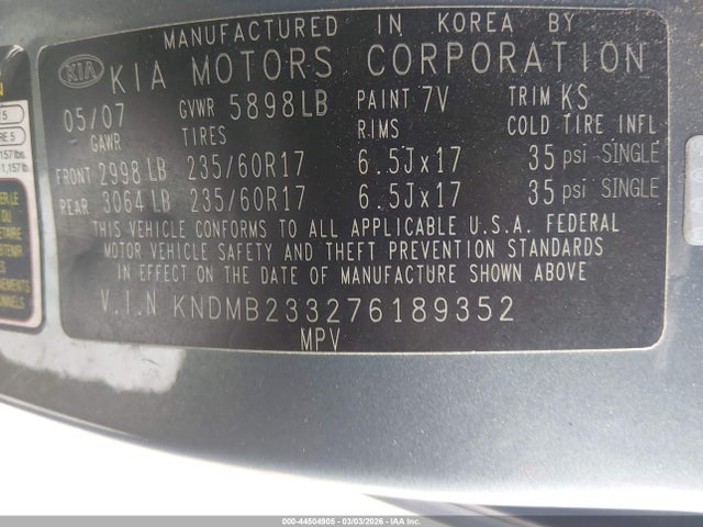 44504905 :رقم المزاد ، KNDMB233276189352 vin ، 2007 Kia Sedona Ex مزاد بيع