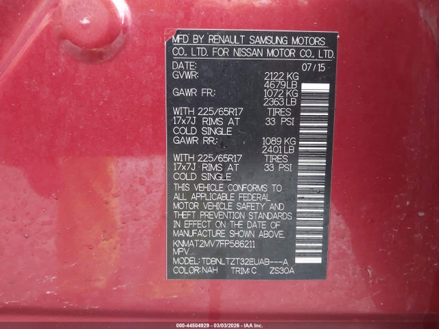 Nissan ROGUE SV 2015 KNMAT2MV7FP586211 Image 9