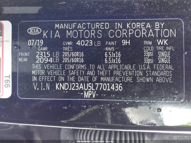 44504941 :رقم المزاد ، KNDJ23AU5L7701436 vin ، 2020 Kia Soul Lx مزاد بيع