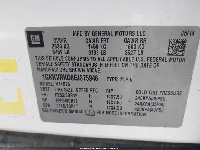 2014 Gmc Acadia Slt-1 მანქანა იყიდება აუქციონზე, vin: 1GKKVRKD8EJ375946, აუქციონის ნომერი: 44504949
