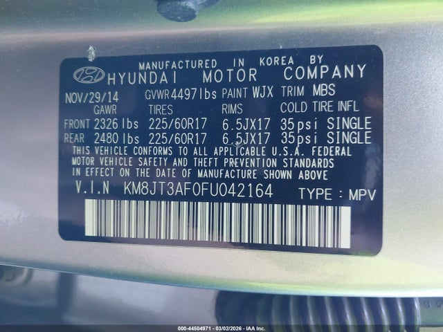 Hyundai TUCSON GLS 2015 KM8JT3AF0FU042164 Image 9