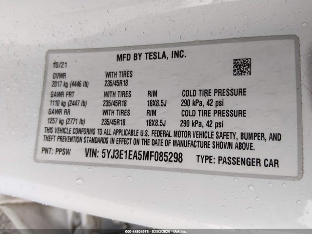 2021 TESLA MODEL 3 5YJ3E1EA5MF085298 Photo 8