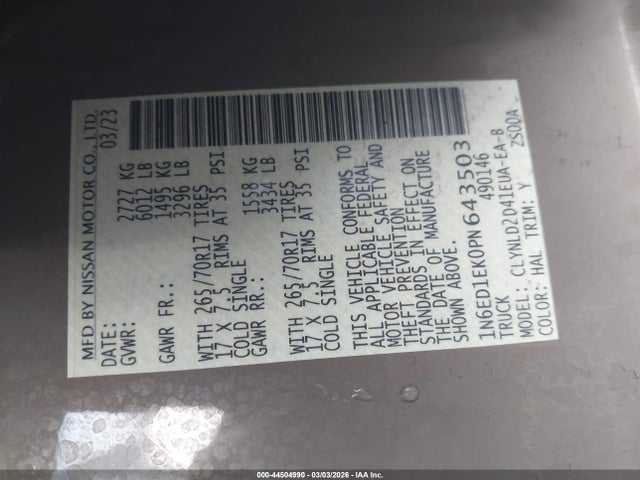1N6ED1EK0PN643503 Nissan Frontier Pro-4x 4x4