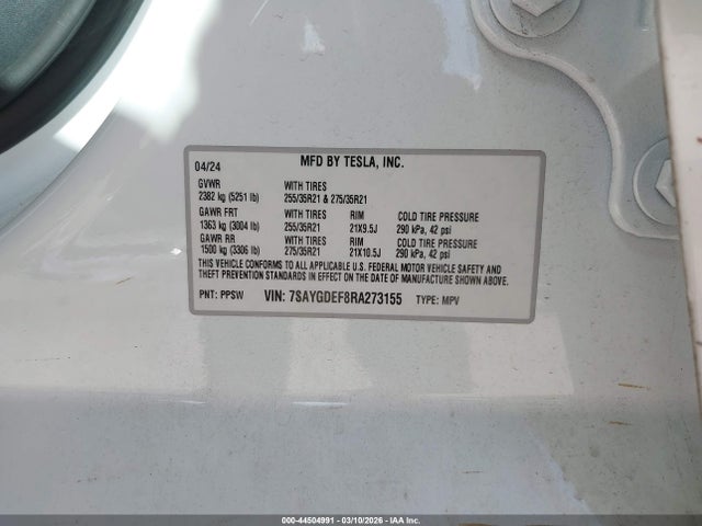 2024 Tesla Model Y Performance Dual Motor All-wheel Drive მანქანა იყიდება აუქციონზე, vin: 7SAYGDEF8RA273155, აუქციონის ნომერი: 44504991