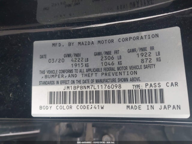 44504992 :رقم المزاد ، JM1BPBNM7L1176098 vin ، 2020 Mazda Mazda3 Premium Package مزاد بيع