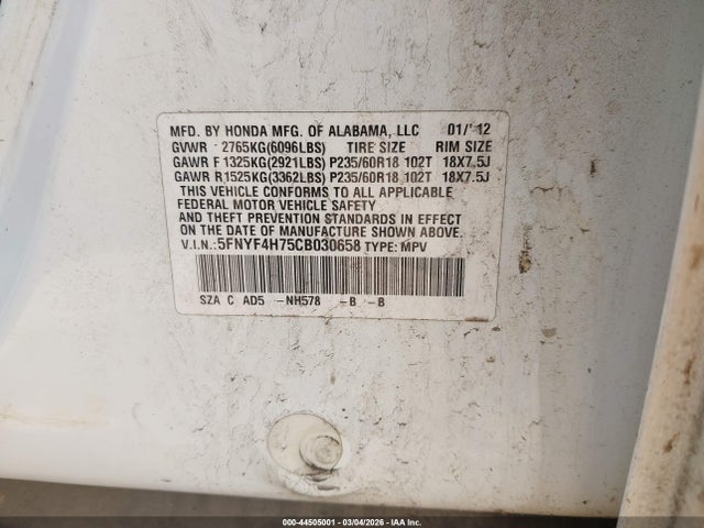 Продаж на аукціоні авто 2012 Honda Pilot Ex-l, vin: 5FNYF4H75CB030658, номер лоту: 44505001