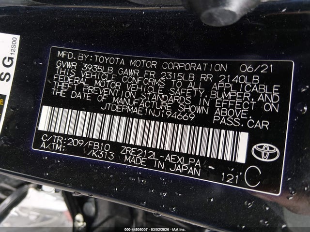 2022 Toyota Corolla Le მანქანა იყიდება აუქციონზე, vin: JTDEPMAE1NJ194669, აუქციონის ნომერი: 44505007