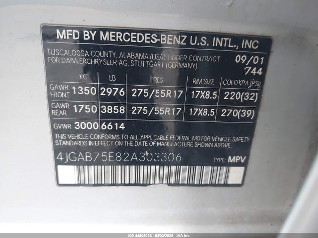 Aukcja sprzedaży 2002 Mercedes-benz Ml 500, vin: 4JGAB75E82A303306, numer aukcji: 44505036