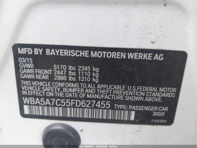 2015 Bmw 528i Xdrive მანქანა იყიდება აუქციონზე, vin: WBA5A7C55FD627455, აუქციონის ნომერი: 44505037