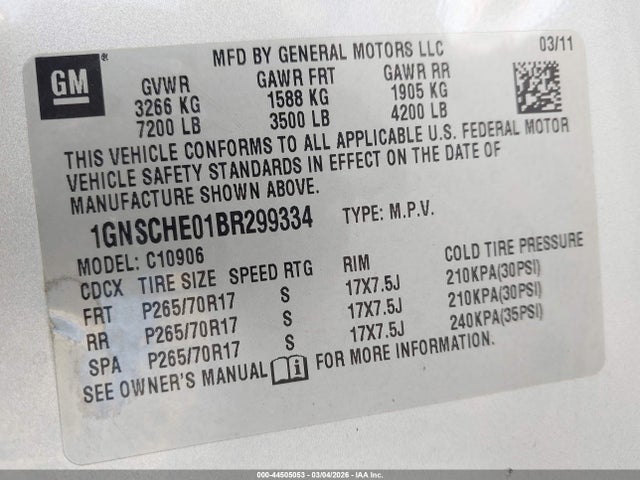 44505053 :رقم المزاد ، 1GNSCHE01BR299334 vin ، 2011 Chevrolet Suburban 1500 Ls مزاد بيع