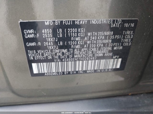 2017 Subaru Outback 3.6r Limited მანქანა იყიდება აუქციონზე, vin: 4S4BSENC1H3283467, აუქციონის ნომერი: 44505061