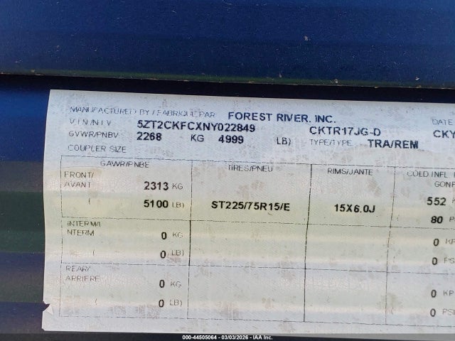5ZT2CKFCXNY022849 Forest River Other