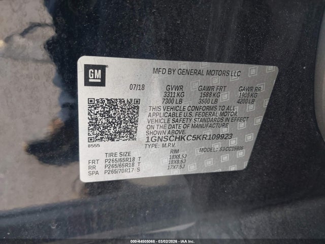 2019 Chevrolet Suburban Lt მანქანა იყიდება აუქციონზე, vin: 1GNSCHKC5KR109923, აუქციონის ნომერი: 44505068