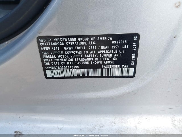 Продажа на аукционе авто 2016 Volkswagen Passat 1.8t R-line, vin: 1VWAS7A33GC045133, номер лота: 44505071