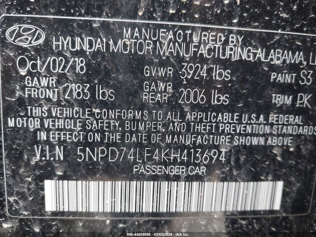 Продажа на аукционе авто 2019 Hyundai Elantra Se, vin: 5NPD74LF4KH413694, номер лота: 44505098