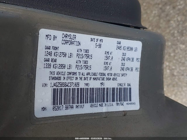 1998 Jeep Grand Cherokee Laredo მანქანა იყიდება აუქციონზე, vin: 1J4GZ58S6WC371026, აუქციონის ნომერი: 44505099