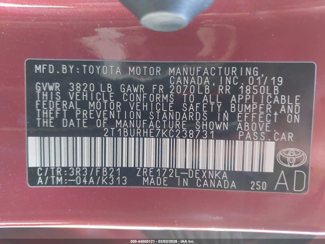 Toyota COROLLA LE 2019 2T1BURHE7KC238731 Image 9