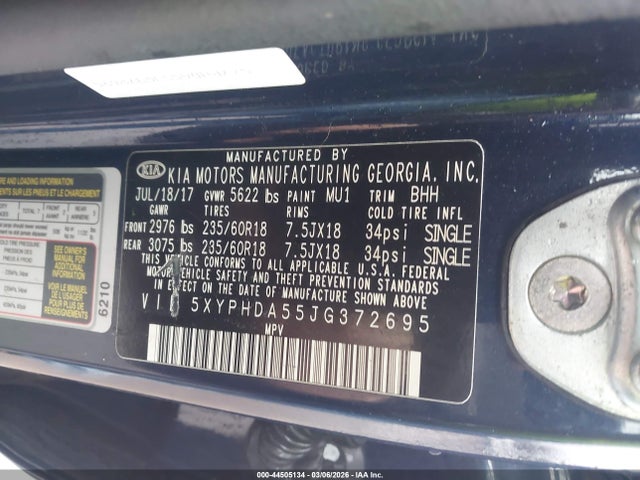 Aukcja sprzedaży 2018 Kia Sorento 3.3l Ex, vin: 5XYPHDA55JG372695, numer aukcji: 44505134