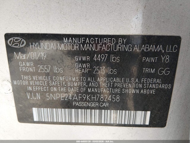 5NPE24AF9KH782458 Hyundai SONATA SE
