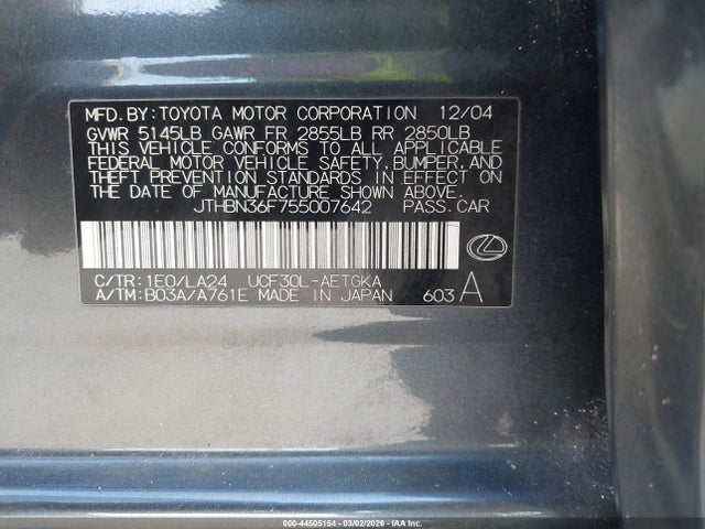 Продаж на аукціоні авто 2005 Lexus Ls 430, vin: JTHBN36F755007642, номер лоту: 44505154