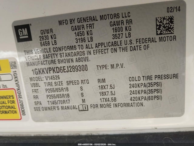 44505156 :رقم المزاد ، 1GKKVPKD6EJ289300 vin ، 2014 Gmc Acadia Sle-2 مزاد بيع