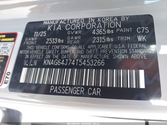 Продажа на аукционе авто 2026 Kia K5 Gt-line Fwd, vin: KNAG64J74T5453266, номер лота: 44505160