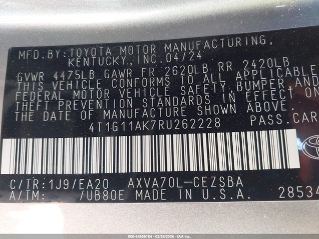 4T1G11AK7RU262228 Toyota CAMRY SE