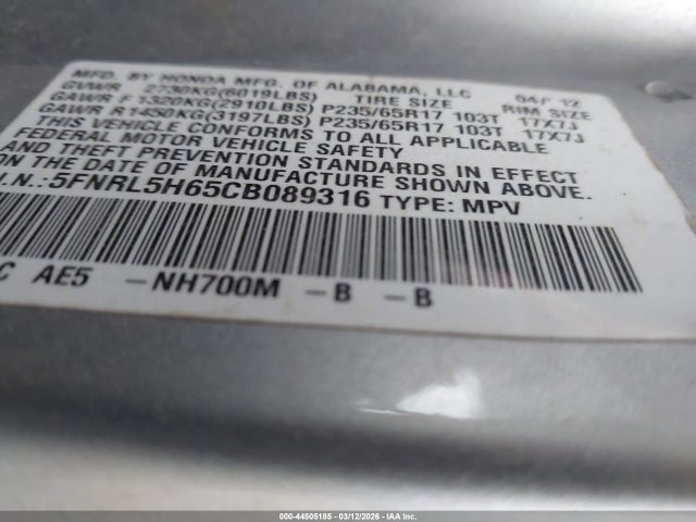 44505185 :رقم المزاد ، 5FNRL5H65CB089316 vin ، 2012 Honda Odyssey Ex-l مزاد بيع