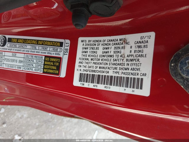 44505186 :رقم المزاد ، 2HGFG3B82CH554104 vin ، 2012 Honda Civic Ex مزاد بيع