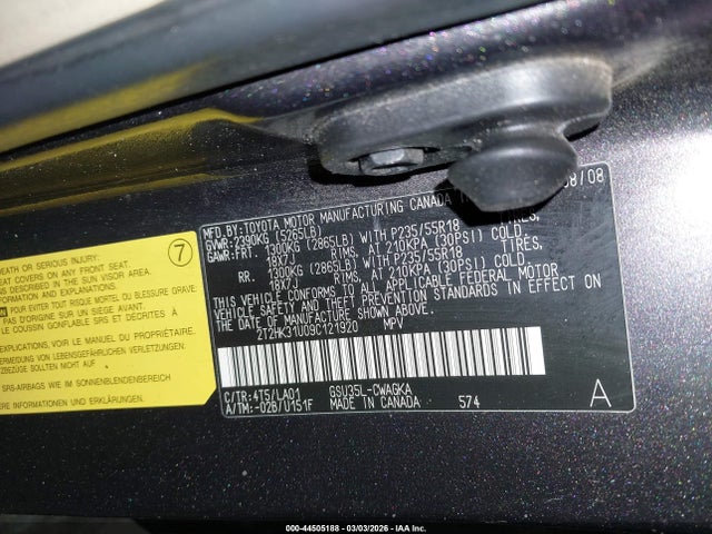 44505188 :رقم المزاد ، 2T2HK31U09C121920 vin ، 2009 Lexus Rx 350 مزاد بيع