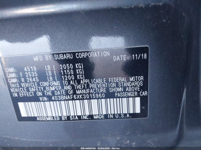 2019 Subaru Legacy 2.5i Premium მანქანა იყიდება აუქციონზე, vin: 4S3BNAF6XK3015960, აუქციონის ნომერი: 44505194