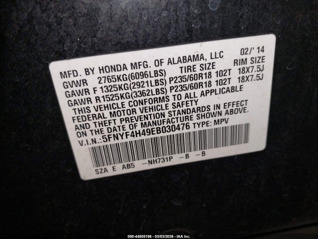 Honda Pilot Ex 2014 5FNYF4H49EB030476 Image 9