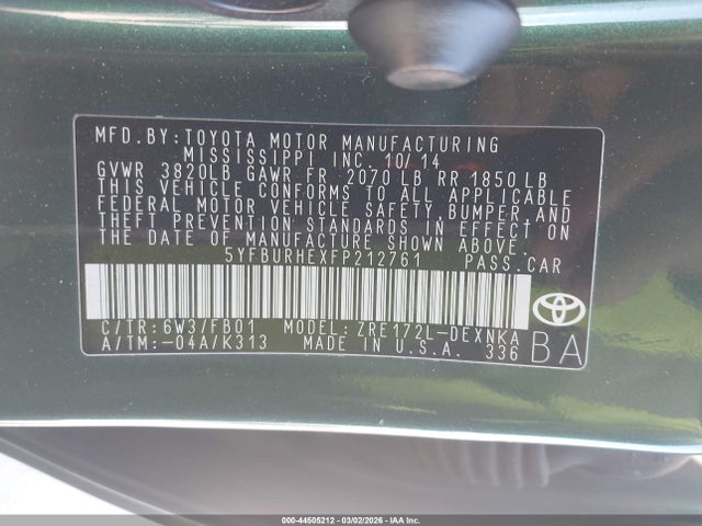 5YFBURHEXFP212761 Toyota Corolla Le Plus