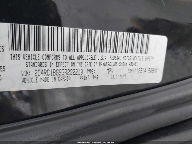 44505217 :رقم المزاد ، 2C4RC1BG9GR232210 vin ، 2016 Chrysler Town & Country Touring مزاد بيع