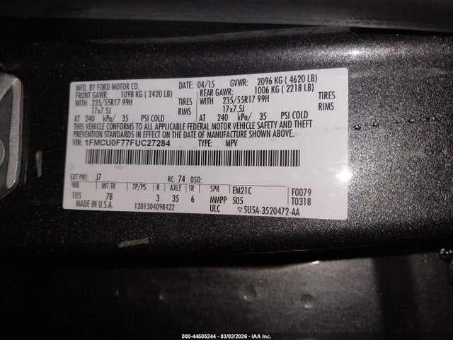 Ford ESCAPE S 2015 1FMCU0F77FUC27284 Image 9